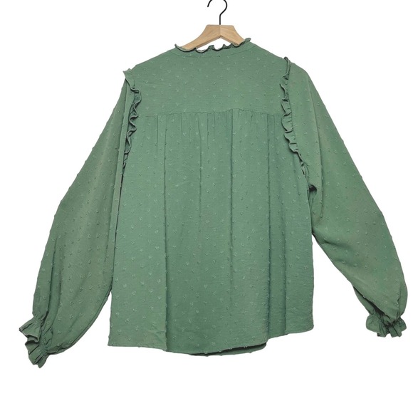 Democracy Boho Textured Dot Ruffle V Neck Long Sleeve Blouse Plus Size 2X Green - Picture 6 of 9